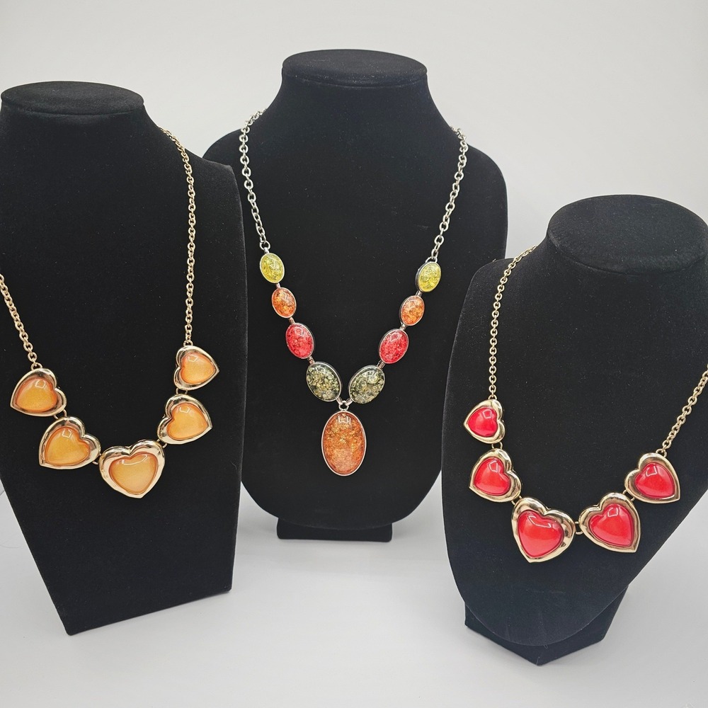 Colorful Statement Necklace Bundle Lot 3pc Puffy Hearts Sparkle Fall Layer